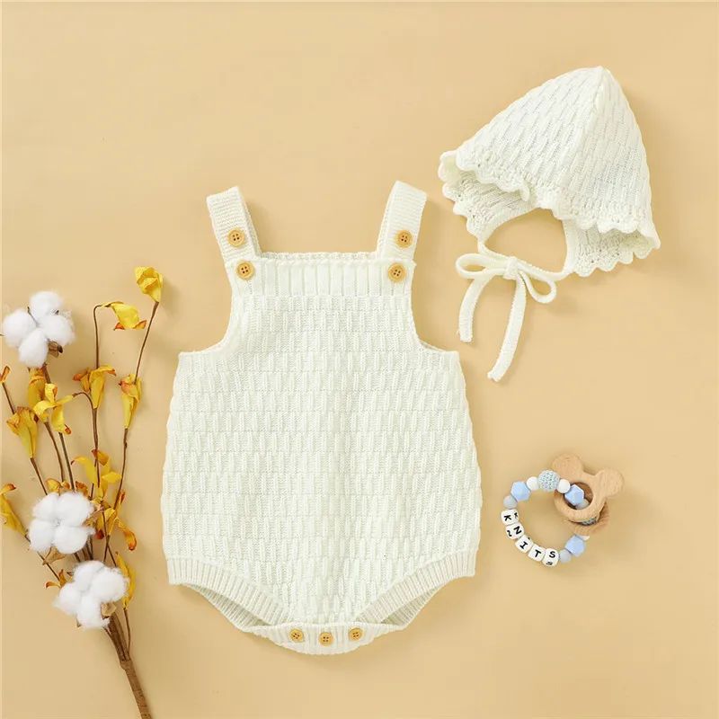 0-24m Baby 2pcs Bodysuit Sleeveless Button Knitted Vest Romper Lace-Up Elastic Hat Baby Boys And Girls Autumn Winter Playsuit BC03