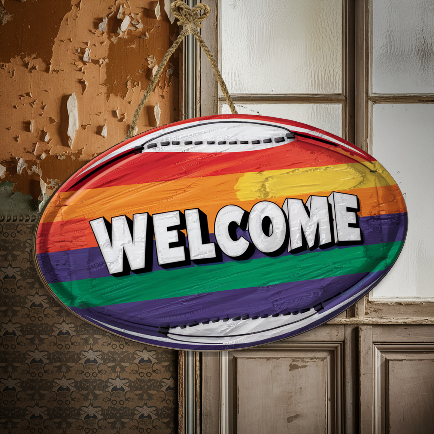 Welcome LGBT wooden Sign, Football door hanger welcome 2 Layered wooden Sign, Pride month Gift Idea