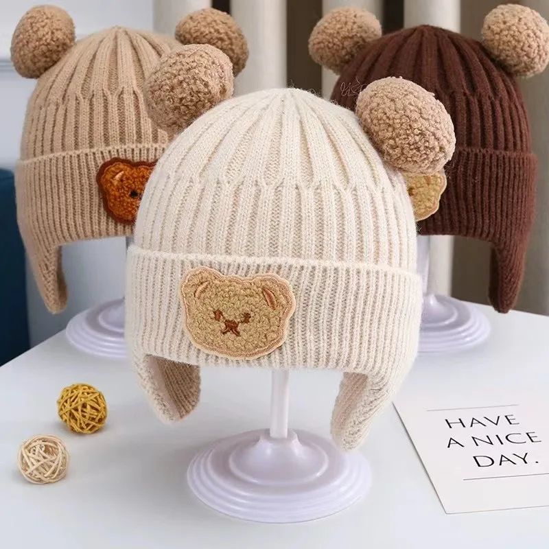 Baby Wool Hat Cute Bear Ear Protection Hat Children Winter Thickened Warm Knitted Korean Version Of The Baby Hat BH04