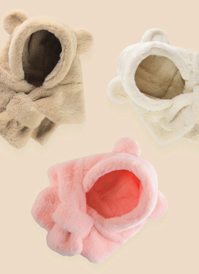 Winter Baby Hat Scarf One-Piece Faux Fur Kids Hats Cartoon Bear Warm Neck Ear Cap for Boys Girls Windproof Beanies Infant Stuffs BH05