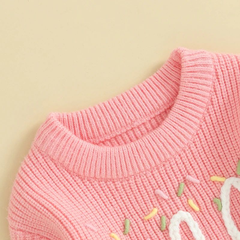 Newborn Baby Girl First Birthday Sweater Casual Long Sleeve Letter Embroidery Ribbed Knit Pullover Sweater Toddler Clothes BC019