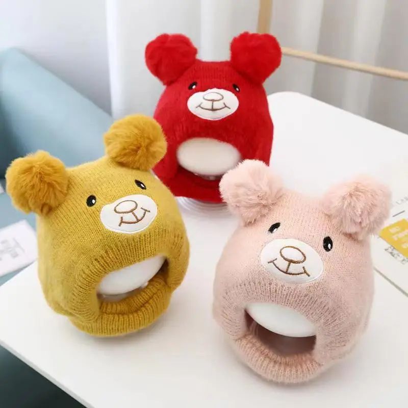 Cute Bear Beanie Cap for Baby Boy Girl Cartoon Pompom Warm Knitted Hat Neck Cover Autumn Winter Toddler Ear Protection Caps BH03