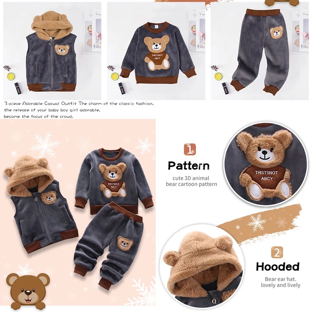 3PCS Winter Autumn Toddler Baby Boys Girls Clothes Baby Sweaters Coat +Pants +Hooded Vest Outfit Set Infant Warm Clothing Suits BC11