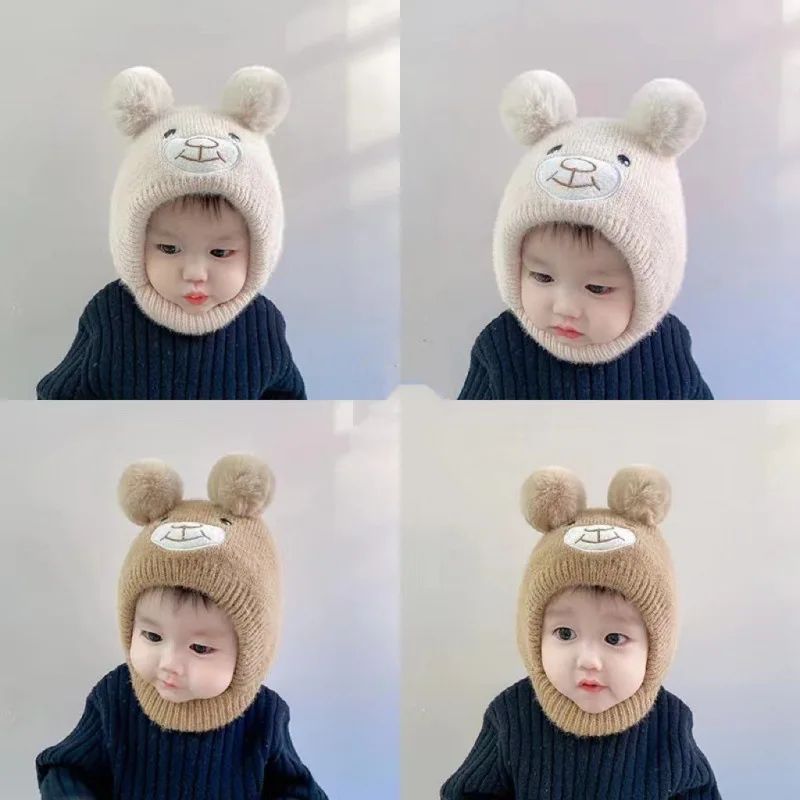 Cute Bear Beanie Cap for Baby Boy Girl Cartoon Pompom Warm Knitted Hat Neck Cover Autumn Winter Toddler Ear Protection Caps BH03