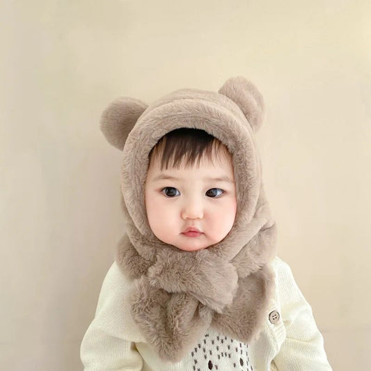 Winter Baby Hat Scarf One-Piece Faux Fur Kids Hats Cartoon Bear Warm Neck Ear Cap for Boys Girls Windproof Beanies Infant Stuffs BH05