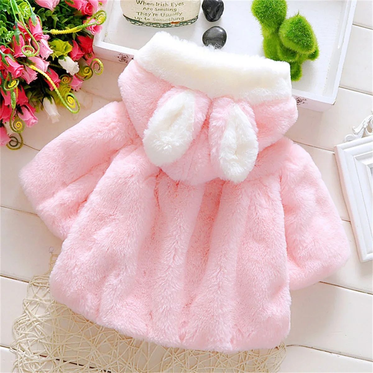 Winter Baby Girl Jacket Sweet And Cute Warm Hooded Rabbit Ear Wool Sweater Minimalist Children'S Clothing Suitable For 0-1 Year BB09