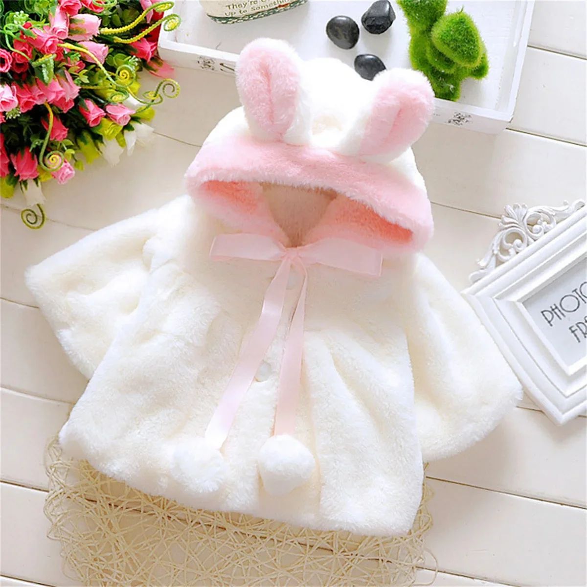 Winter Baby Girl Jacket Sweet And Cute Warm Hooded Rabbit Ear Wool Sweater Minimalist Children'S Clothing Suitable For 0-1 Year BB09