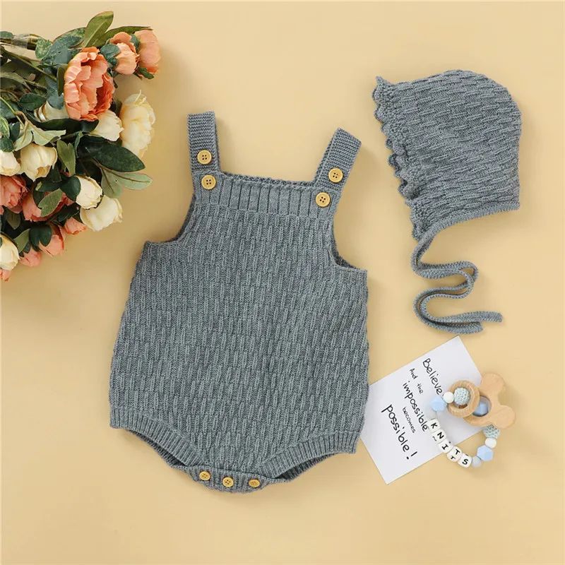 0-24m Baby 2pcs Bodysuit Sleeveless Button Knitted Vest Romper Lace-Up Elastic Hat Baby Boys And Girls Autumn Winter Playsuit BC03