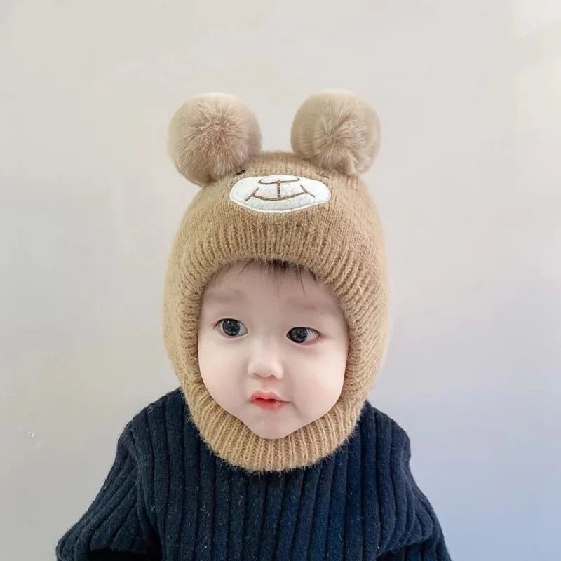 Cute Bear Beanie Cap for Baby Boy Girl Cartoon Pompom Warm Knitted Hat Neck Cover Autumn Winter Toddler Ear Protection Caps BH03