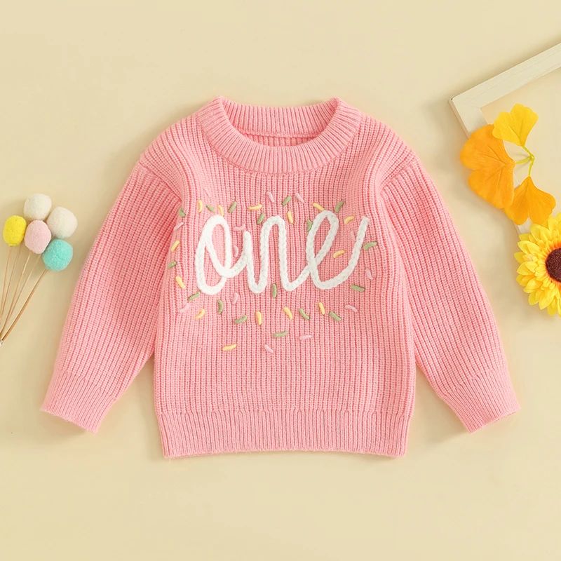 Newborn Baby Girl First Birthday Sweater Casual Long Sleeve Letter Embroidery Ribbed Knit Pullover Sweater Toddler Clothes BC019