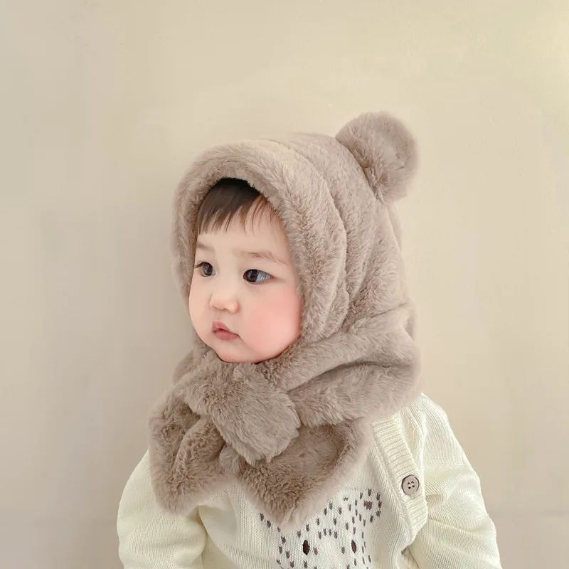 Winter Baby Hat Scarf One-Piece Faux Fur Kids Hats Cartoon Bear Warm Neck Ear Cap for Boys Girls Windproof Beanies Infant Stuffs BH05