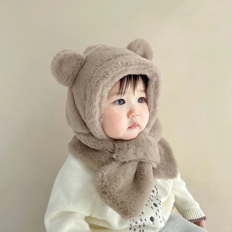 Winter Baby Hat Scarf One-Piece Faux Fur Kids Hats Cartoon Bear Warm Neck Ear Cap for Boys Girls Windproof Beanies Infant Stuffs BH05