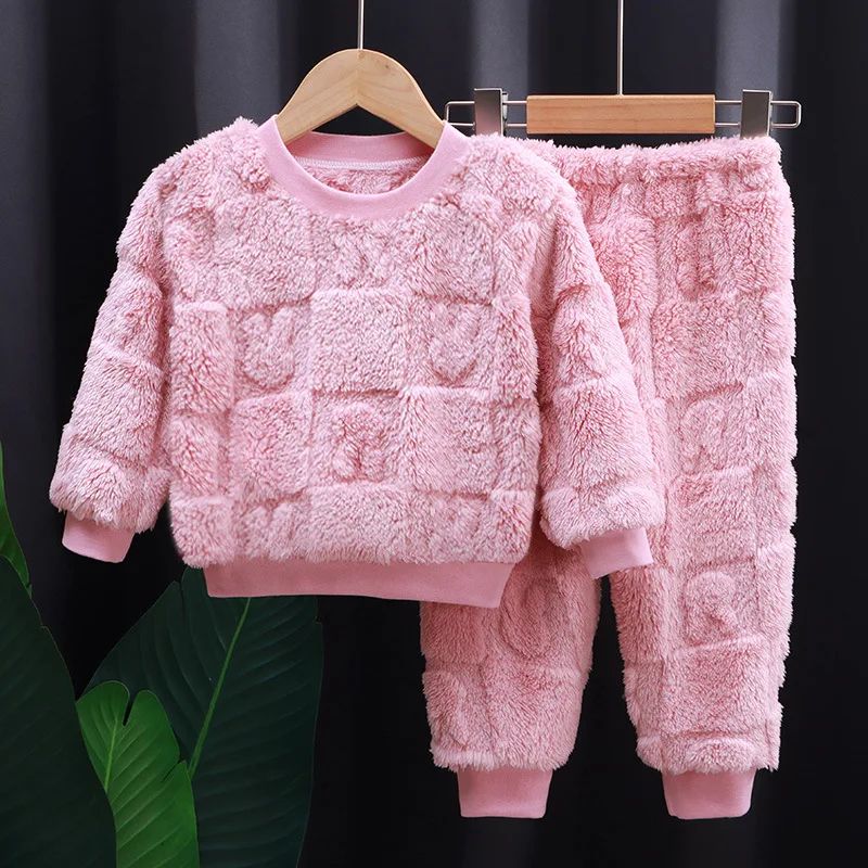 Two-piece Autumn Winter Home Sleepwear Set Boys Baby Fleece Warm Outdoor Children Girls Homewear Suits Thickened Ammonia Fabric BC12