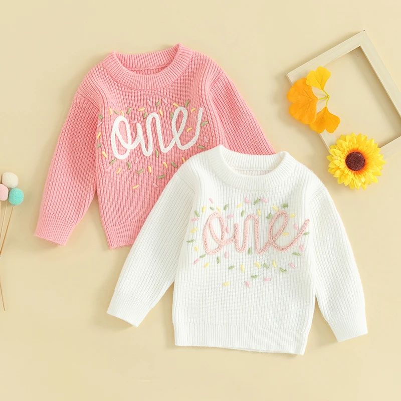 Newborn Baby Girl First Birthday Sweater Casual Long Sleeve Letter Embroidery Ribbed Knit Pullover Sweater Toddler Clothes BC019