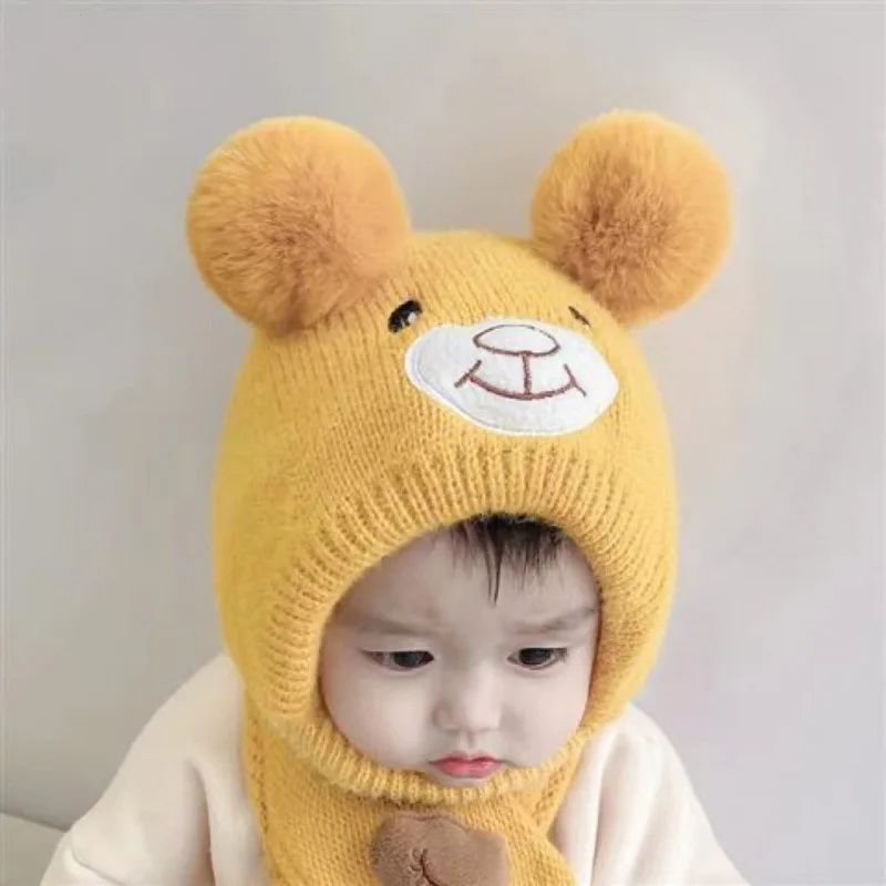 Cute Bear Beanie Cap for Baby Boy Girl Cartoon Pompom Warm Knitted Hat Neck Cover Autumn Winter Toddler Ear Protection Caps BH03