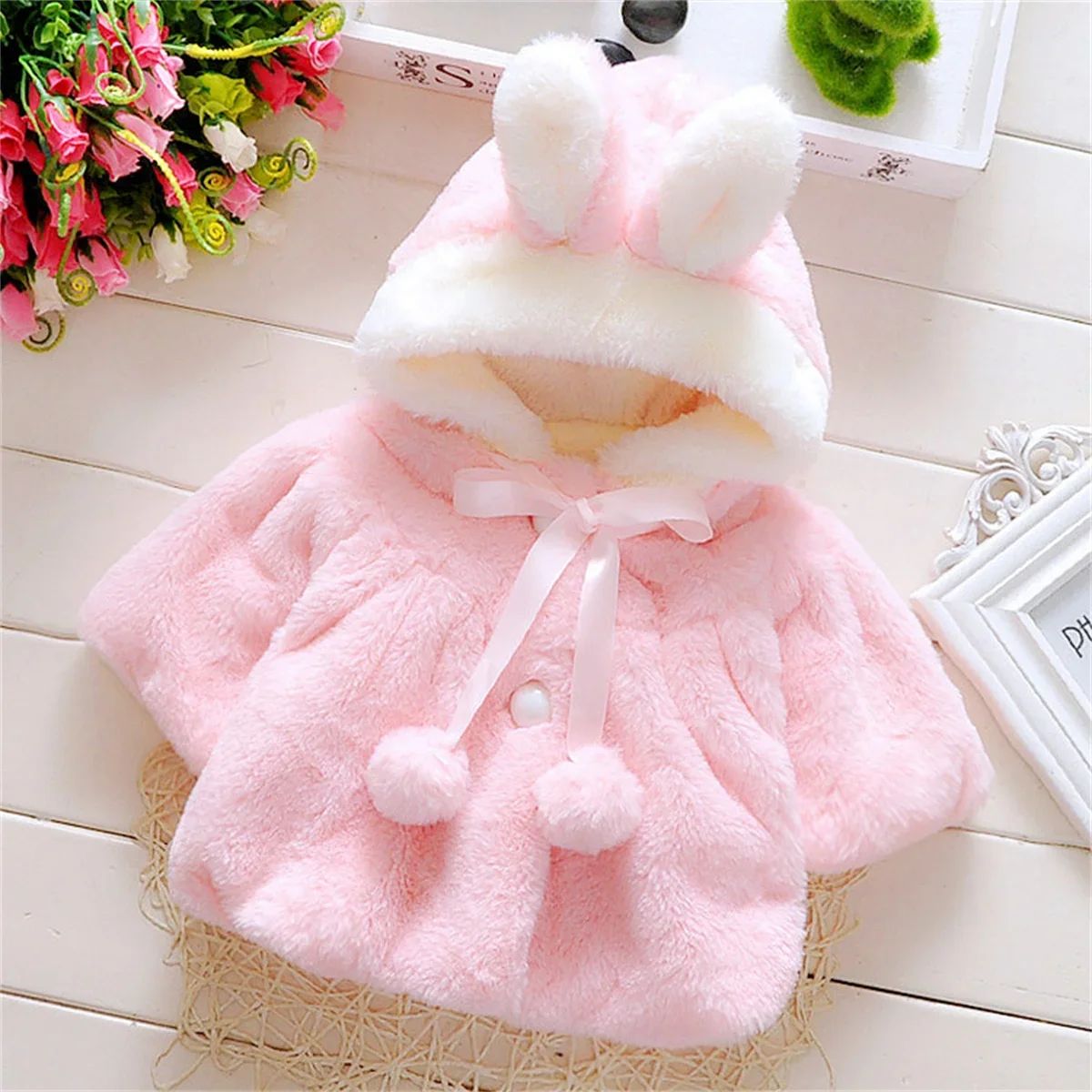 Winter Baby Girl Jacket Sweet And Cute Warm Hooded Rabbit Ear Wool Sweater Minimalist Children'S Clothing Suitable For 0-1 Year BB09