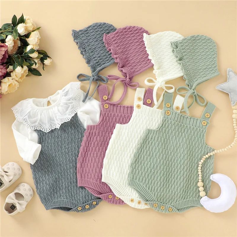 0-24m Baby 2pcs Bodysuit Sleeveless Button Knitted Vest Romper Lace-Up Elastic Hat Baby Boys And Girls Autumn Winter Playsuit BC03