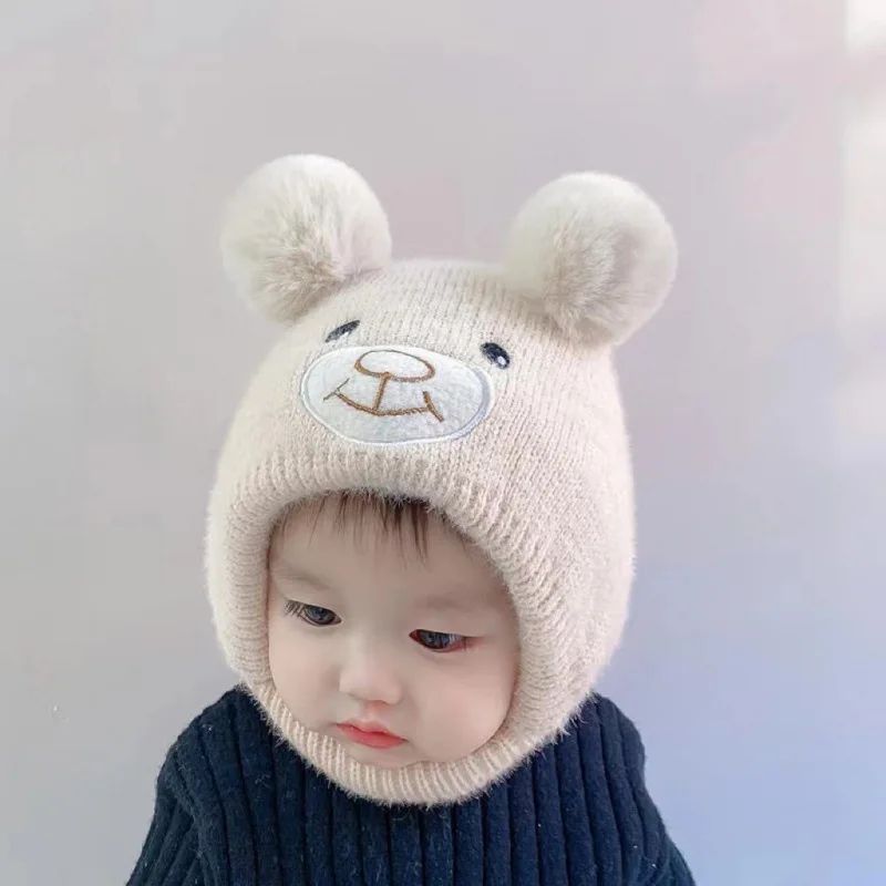 Cute Bear Beanie Cap for Baby Boy Girl Cartoon Pompom Warm Knitted Hat Neck Cover Autumn Winter Toddler Ear Protection Caps BH03