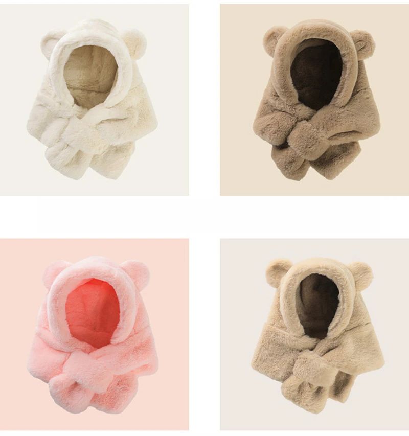 Winter Baby Hat Scarf One-Piece Faux Fur Kids Hats Cartoon Bear Warm Neck Ear Cap for Boys Girls Windproof Beanies Infant Stuffs BH05