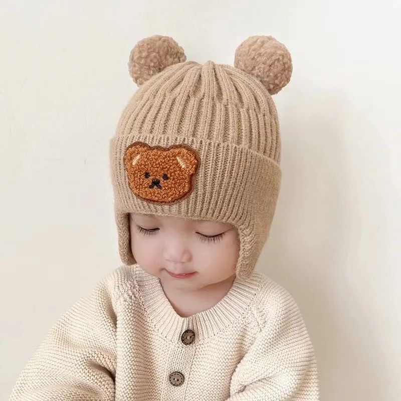 Baby Wool Hat Cute Bear Ear Protection Hat Children Winter Thickened Warm Knitted Korean Version Of The Baby Hat BH04