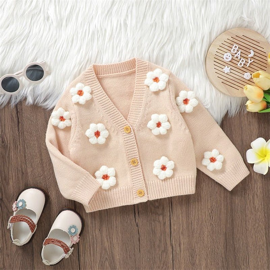 0-36M Infant Girl Sweater Cardigan Long Sleeve V Neck Button Closure Flower Winter Warm Knit Sweater For Baby Girls BC01